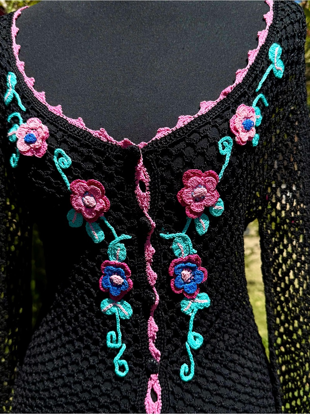 Betsey Johnson Black Crocheted Top with Pink Trim - Picture 1 of 4